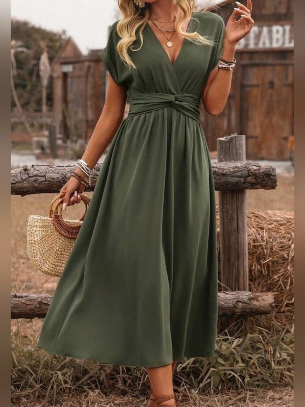 NEW flowy cuffed Dolman ruched twist waist midi dress olive green